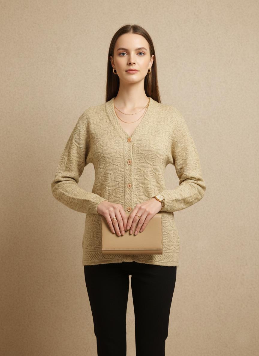 Textured Knit Button-Down Cardigan in Beige