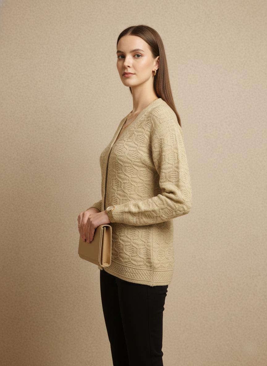 Textured Knit Button-Down Cardigan in Beige