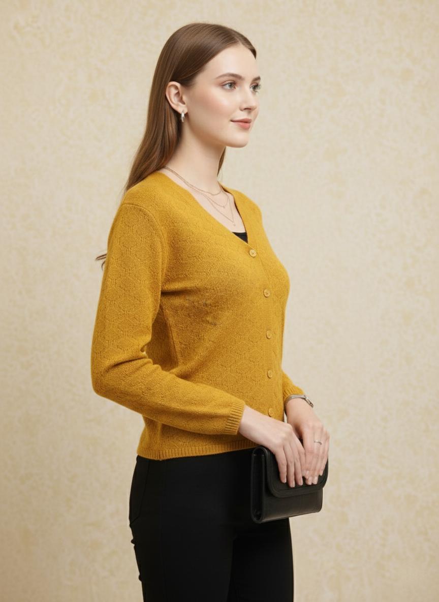 Mustard Yellow V-Neck Knit Cardigan for Women