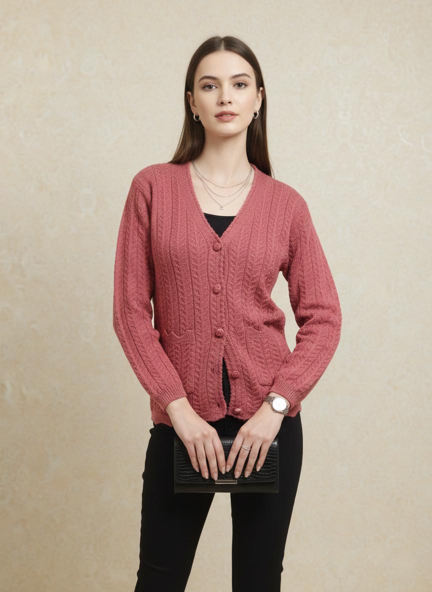 Rani Pink Cable Knit Button-Down Cardigan for Women