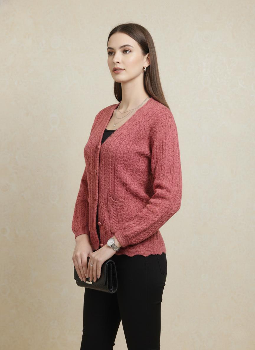 Rani Pink Cable Knit Button-Down Cardigan for Women