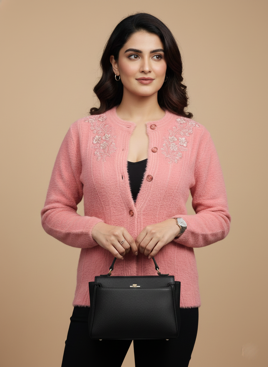 Elegant Pink Embroidered Cardigan Look