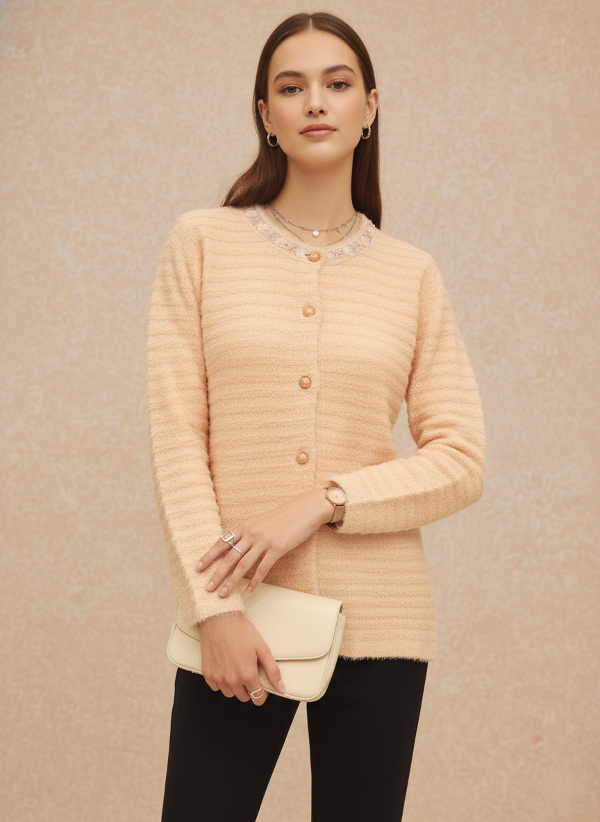 Soft Peach Cardigan with Delicate Neckline Detail