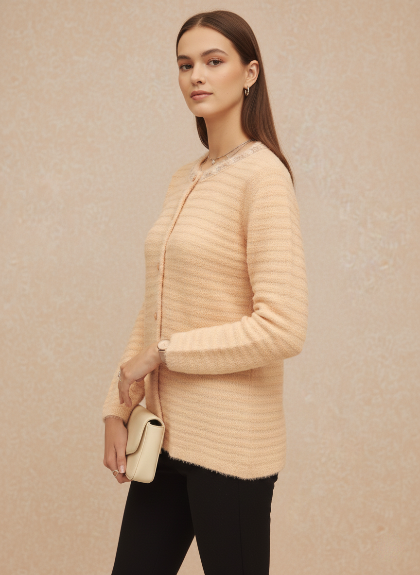 Soft Peach Cardigan with Delicate Neckline Detail