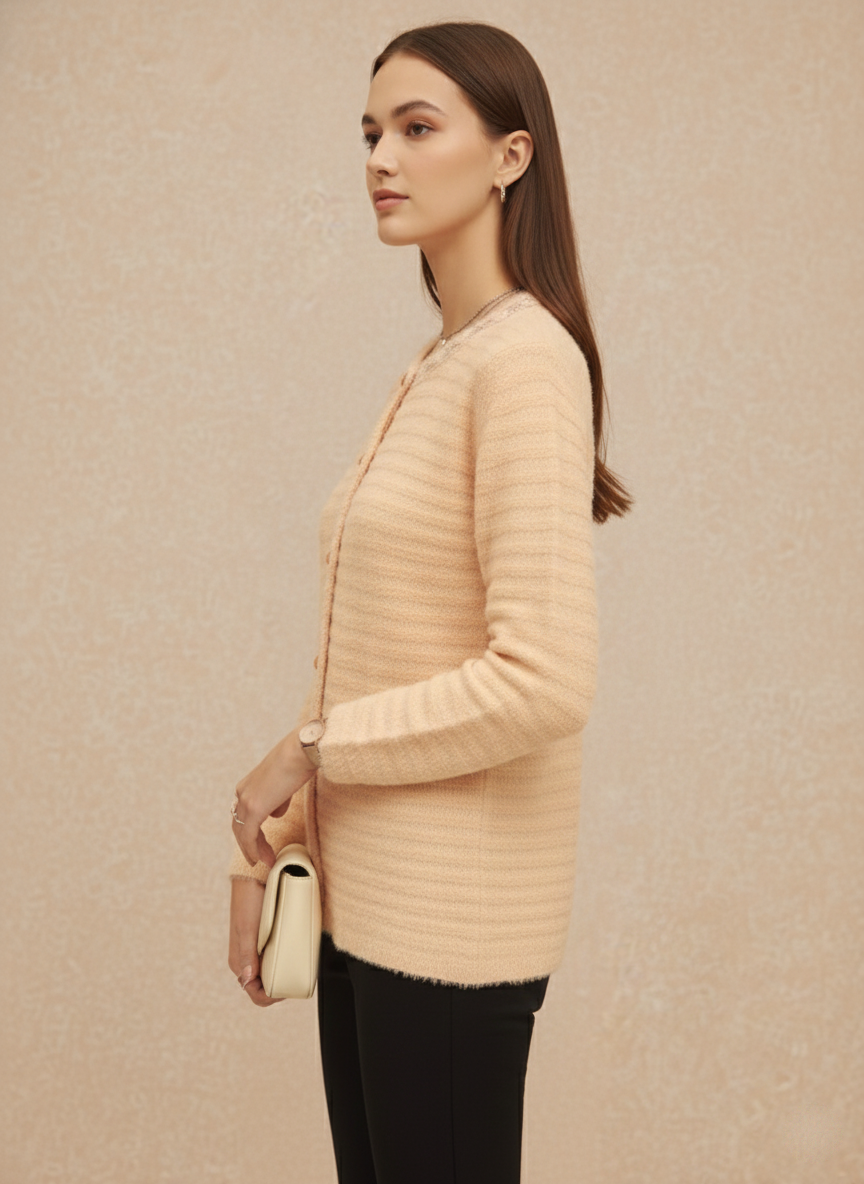 Soft Peach Cardigan with Delicate Neckline Detail