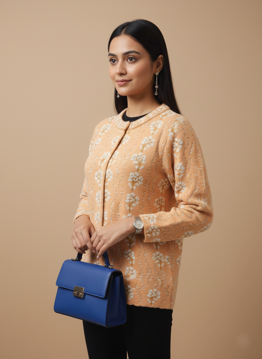 Floral Peach Jacquard Cardigan with Navy Accent