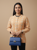 Floral Peach Jacquard Cardigan with Navy Accent