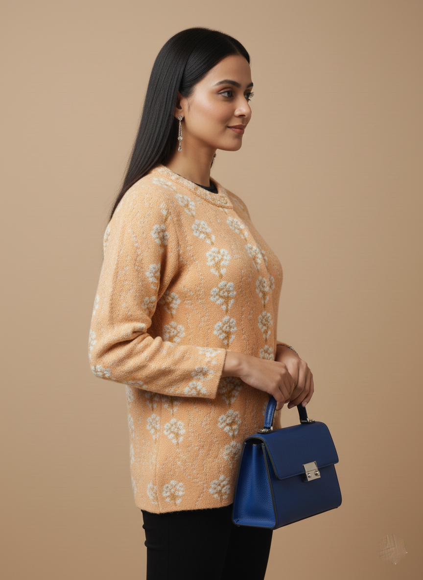 Floral Peach Jacquard Cardigan with Navy Accent