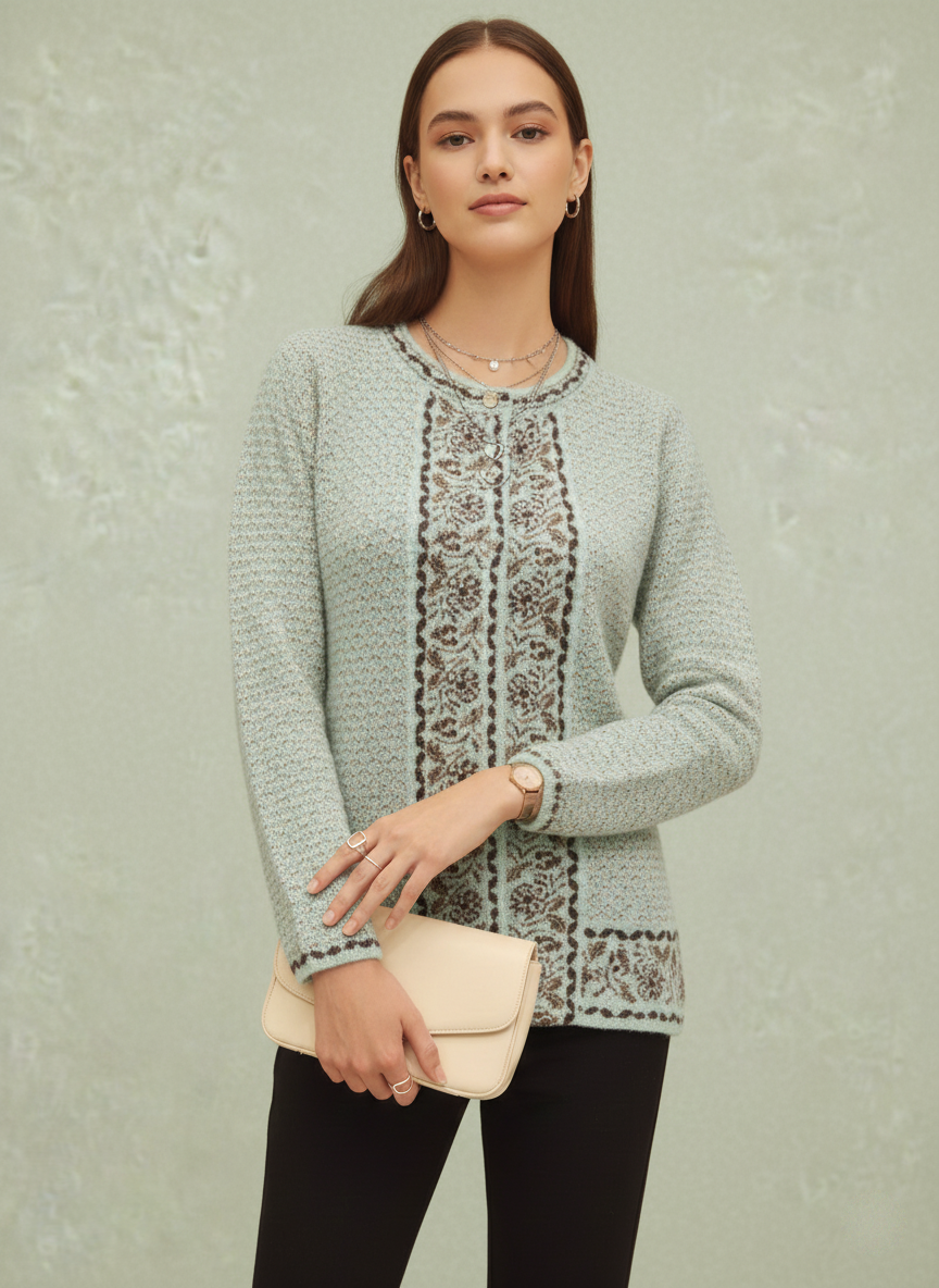 Mint Green Cardigan with Central Jacquard Panel