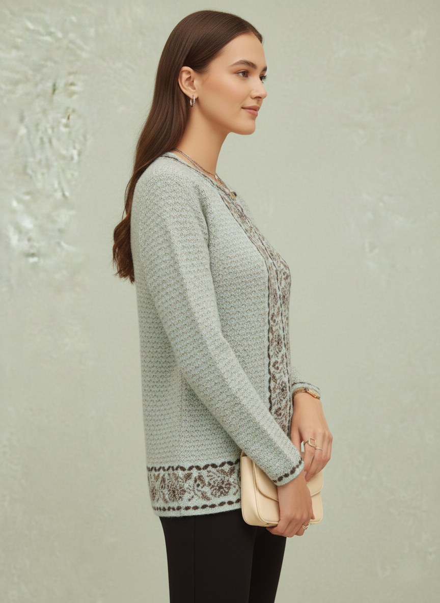 Mint Green Cardigan with Central Jacquard Panel