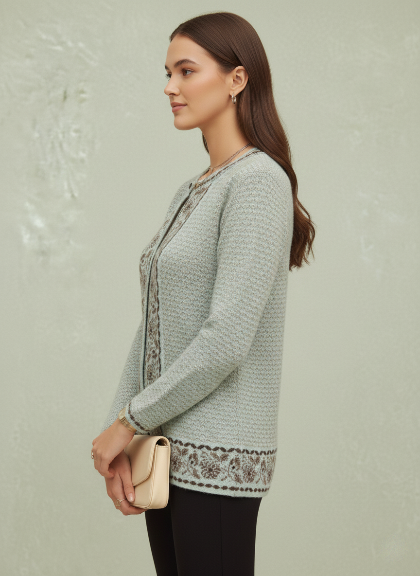 Mint Green Cardigan with Central Jacquard Panel