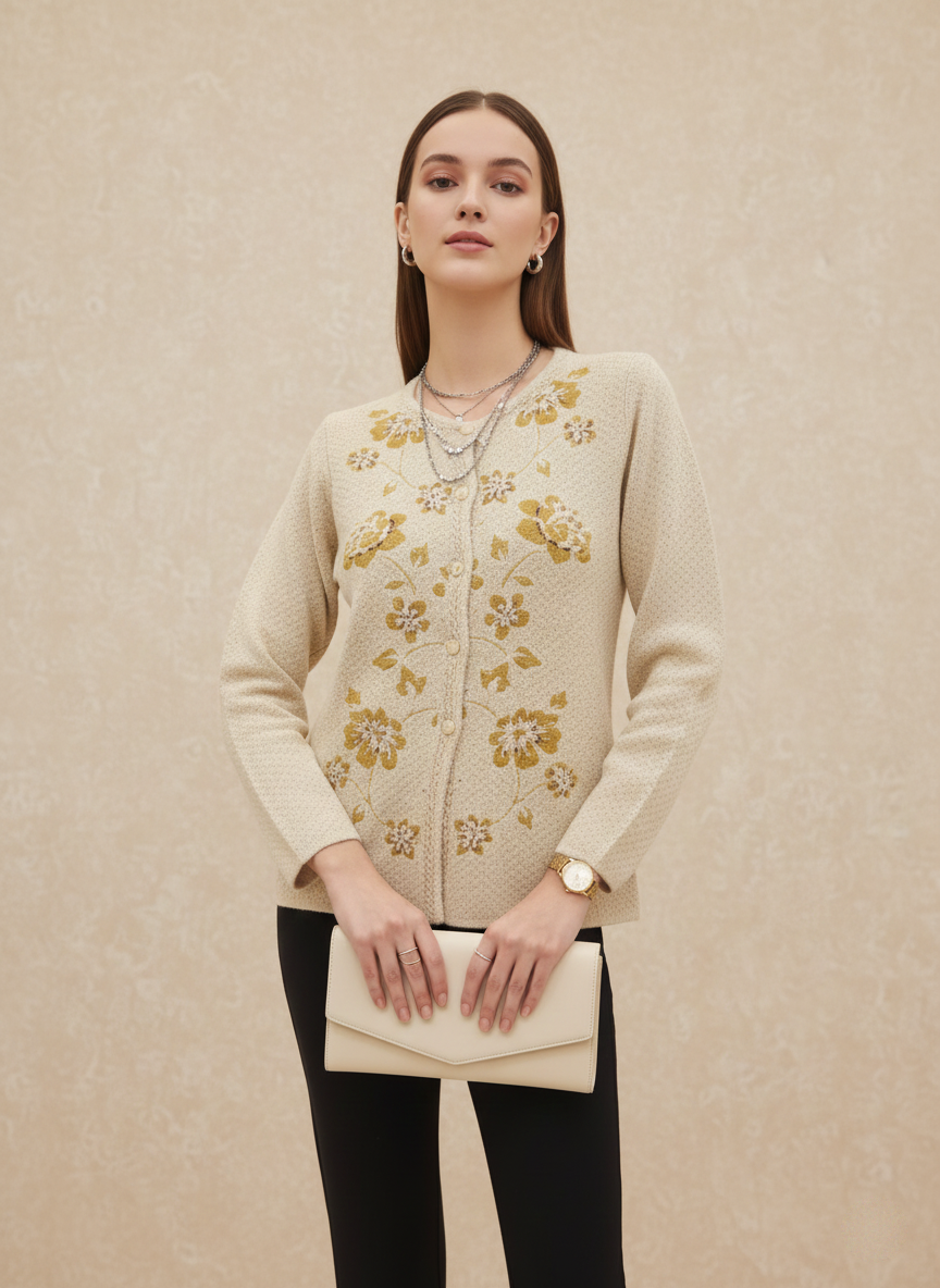 Beige Cardigan with Golden Floral Embroidery