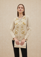 Beige Cardigan with Golden Floral Embroidery