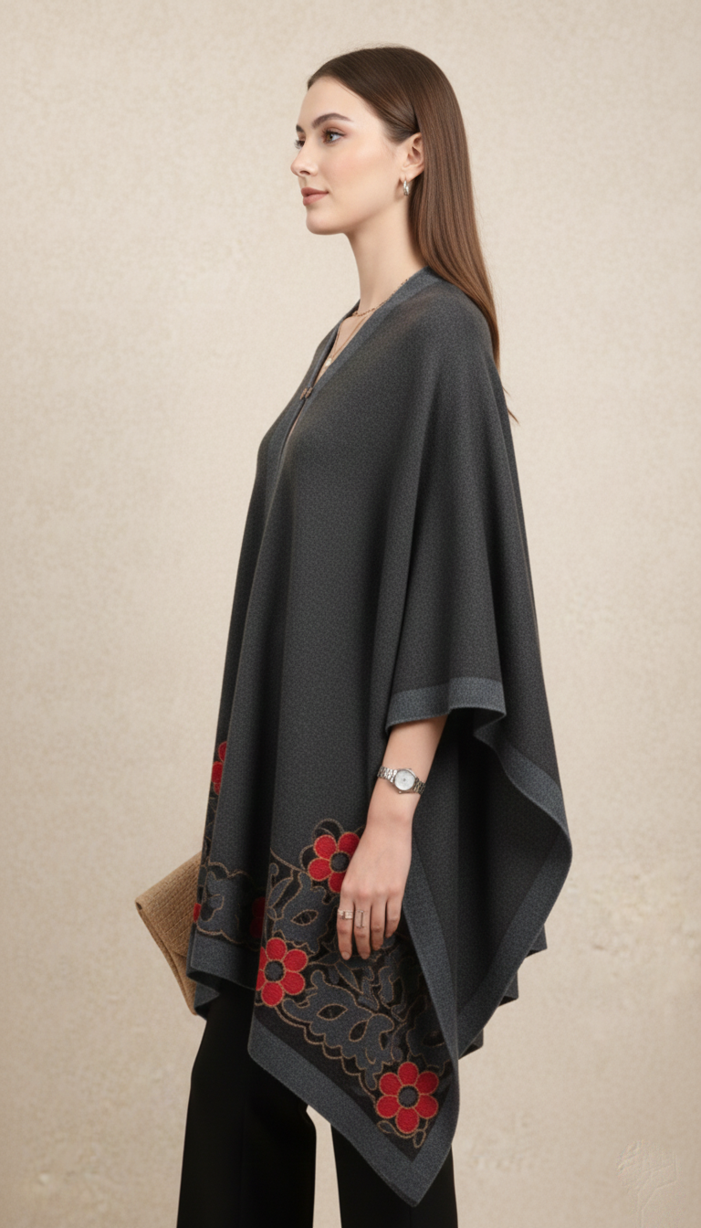 Chic Woven Pattern Shawl Poncho with V-Neck