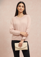 Peach Cardigan with Embroidered Neckline