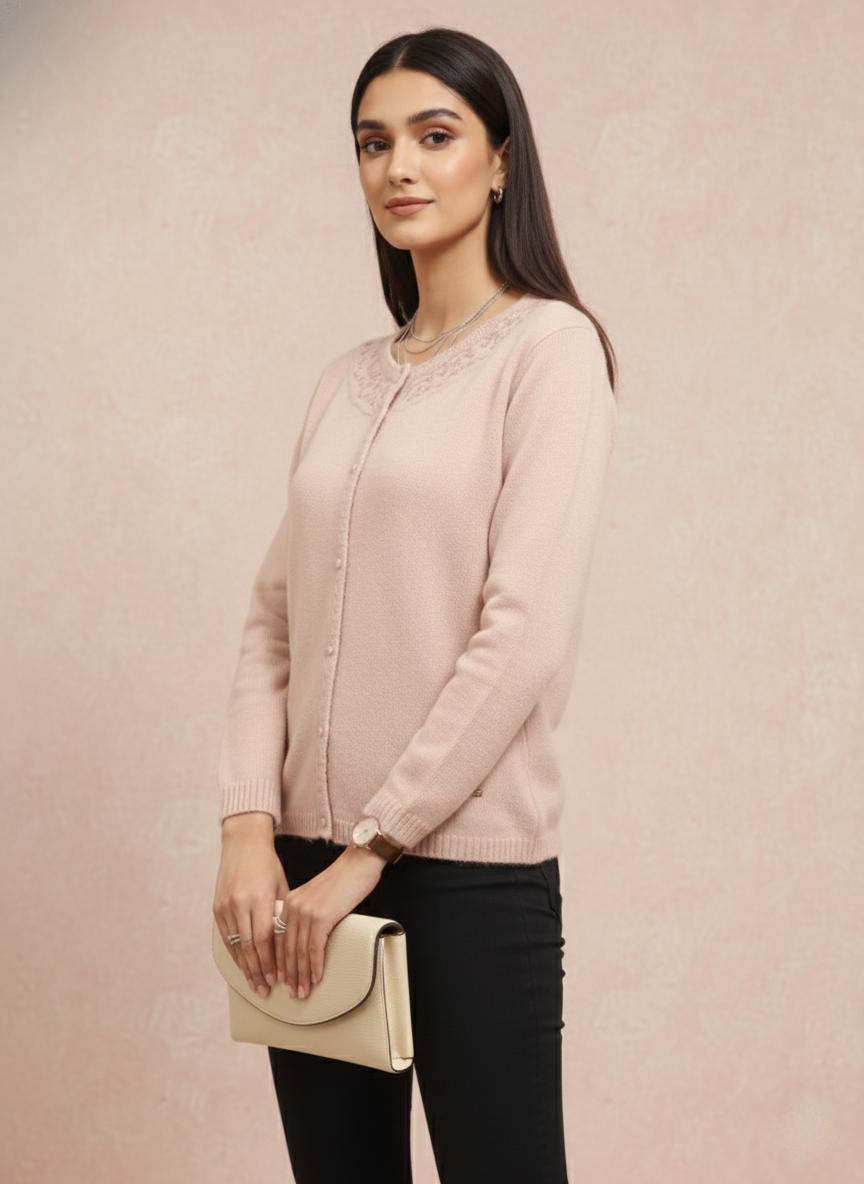 Peach Cardigan with Embroidered Neckline