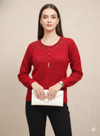 Luxurious Red Textured Cardigan with Embellished Neckline