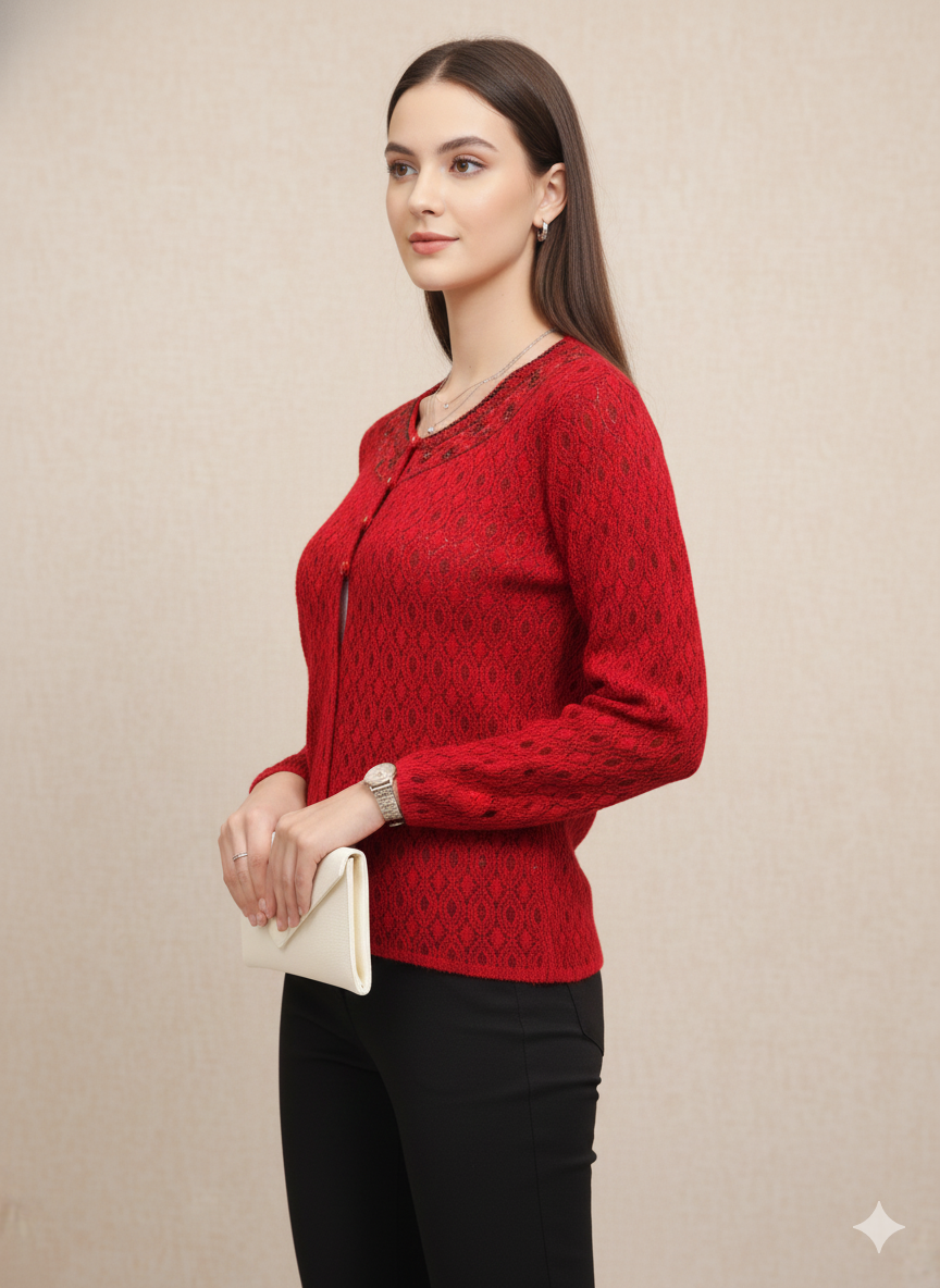 Luxurious Red Textured Cardigan with Embellished Neckline