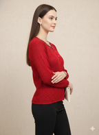 Luxurious Red Textured Cardigan with Embellished Neckline