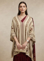 Beige & Maroon Ethnic Woven Winter Poncho