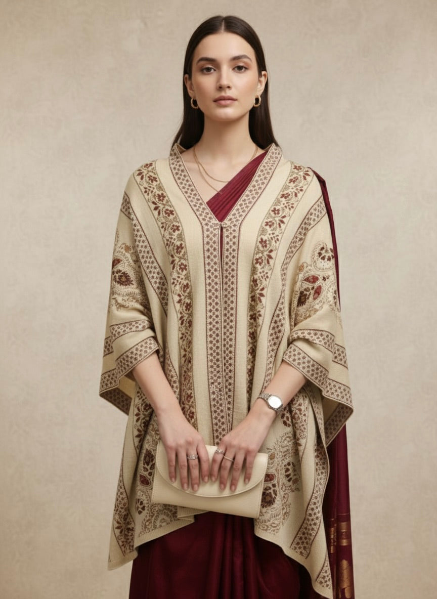 Beige & Maroon Ethnic Woven Winter Poncho