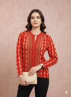 Striking Red and Gold Patterned Knit Cardigan