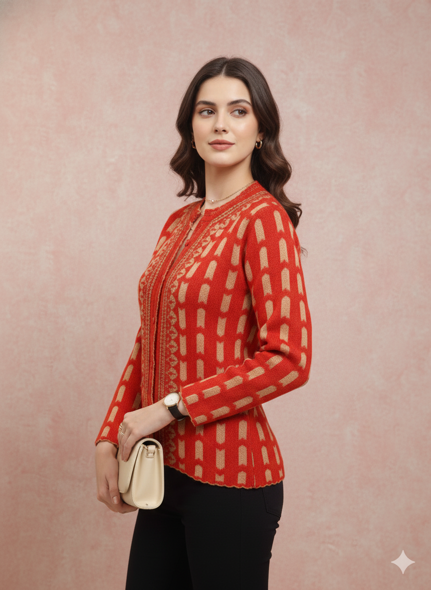 Striking Red and Gold Patterned Knit Cardigan