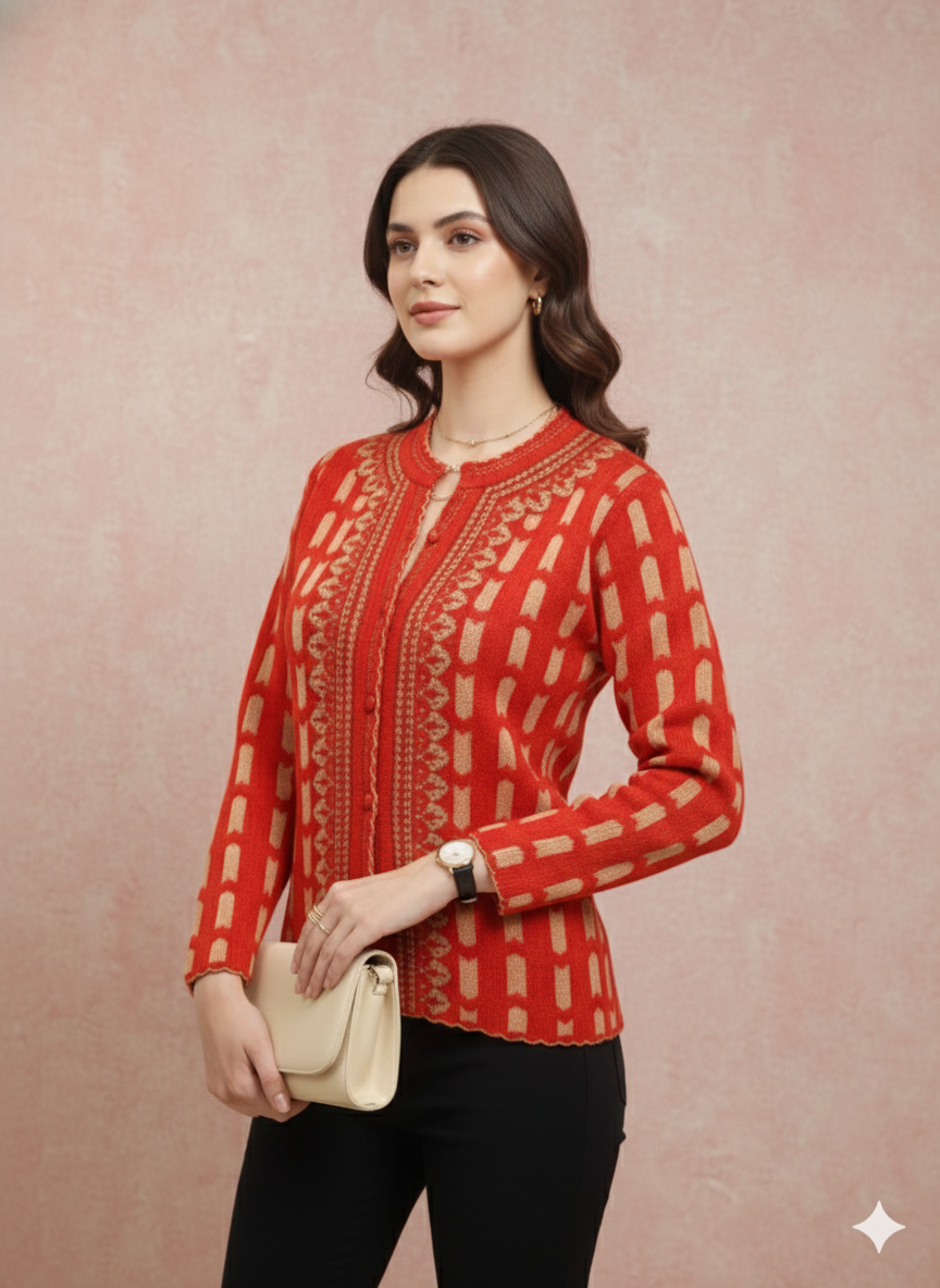 Striking Red and Gold Patterned Knit Cardigan