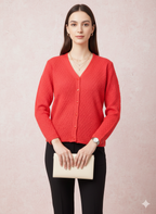 Textured V-Neck Button-Up Cardigan in Coral Red