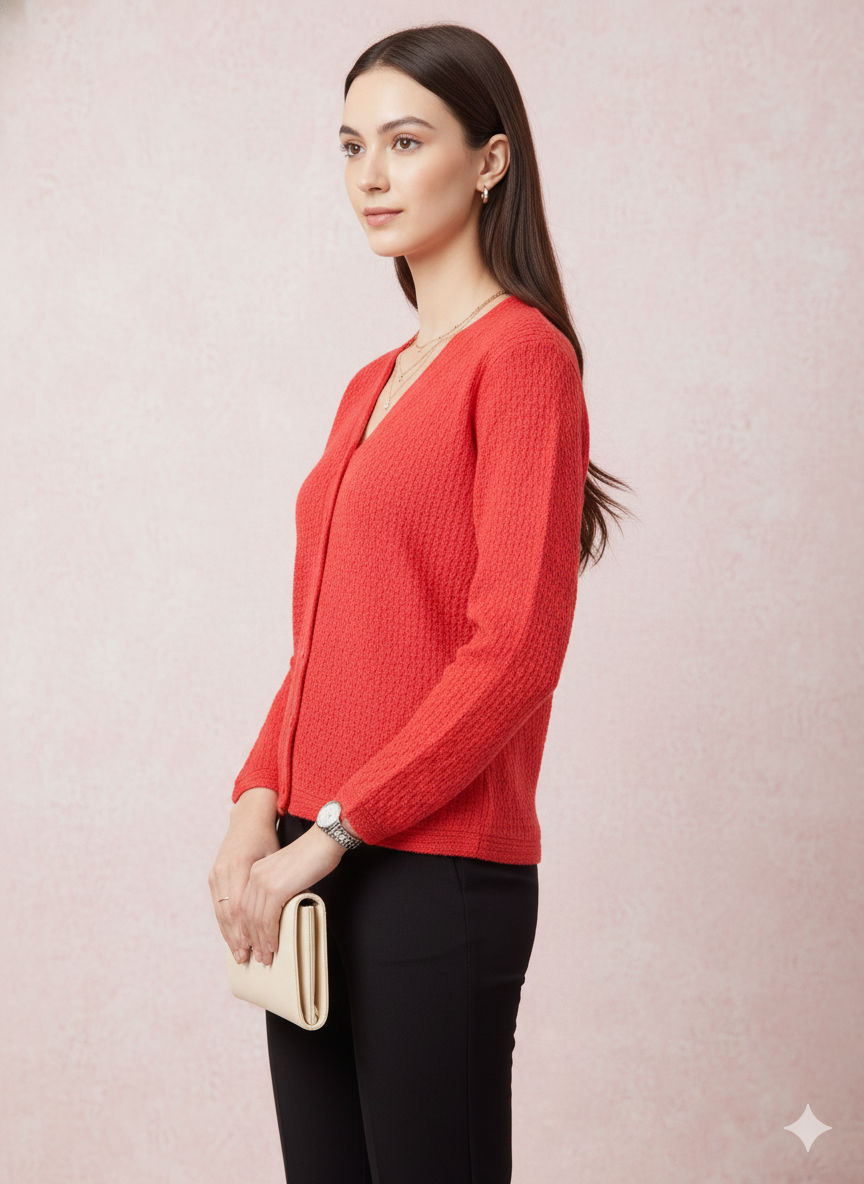 Textured V-Neck Button-Up Cardigan in Coral Red