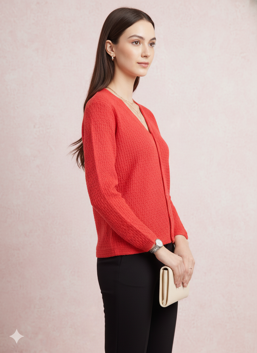 Textured V-Neck Button-Up Cardigan in Coral Red