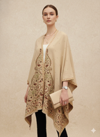 Beige & Multi-Color Embroidered Floral Winter Cape