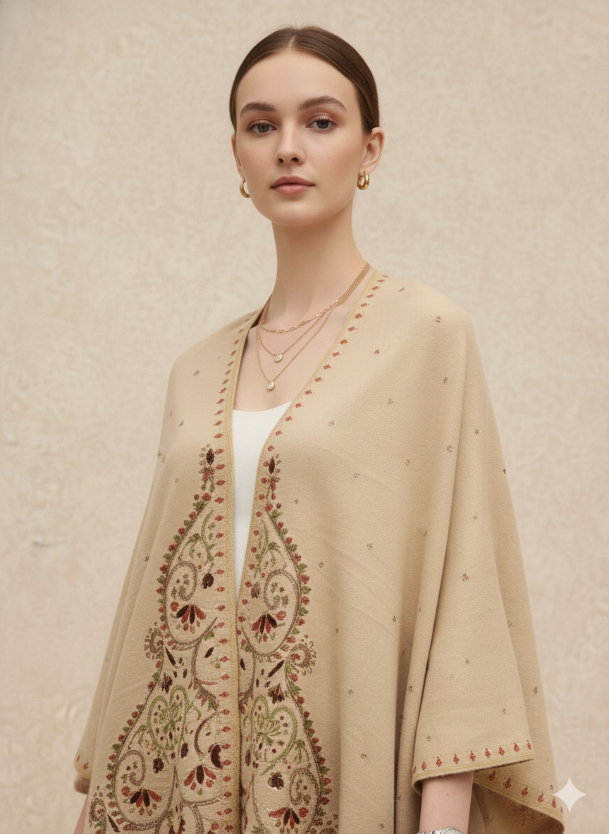 Beige & Multi-Color Embroidered Floral Winter Cape