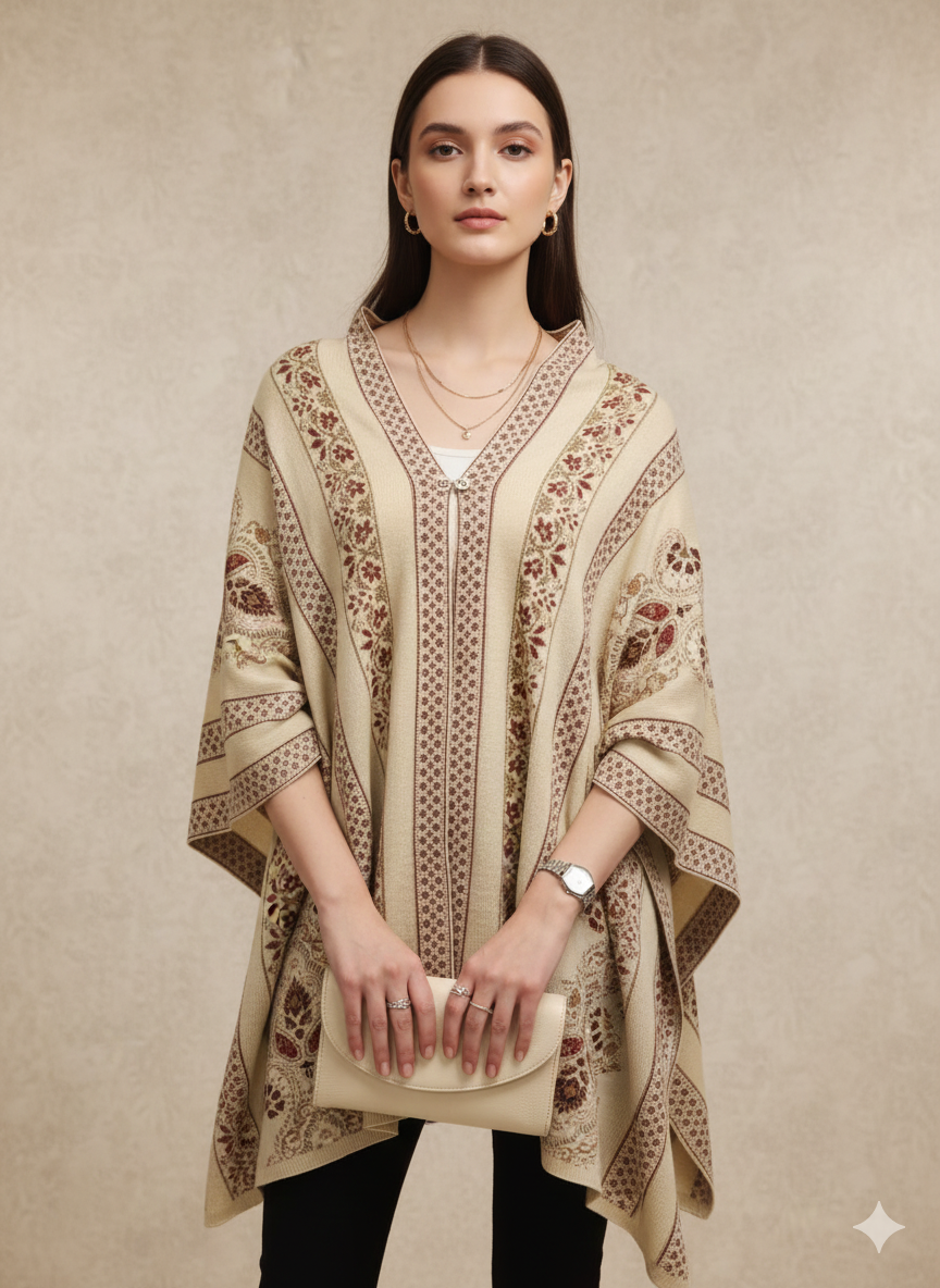 Beige & Maroon Ethnic Woven Winter Poncho