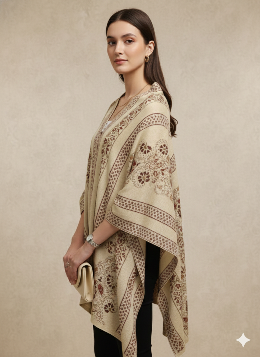 Beige & Maroon Ethnic Woven Winter Poncho