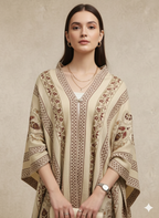 Beige & Maroon Ethnic Woven Winter Poncho