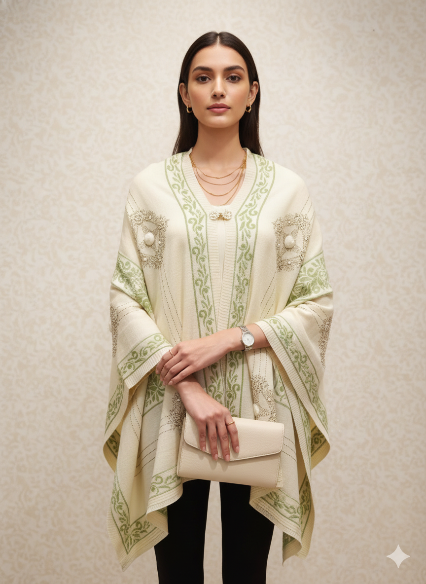 Off-White & Sage Green Embroidered Winter Poncho