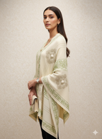 Off-White & Sage Green Embroidered Winter Poncho