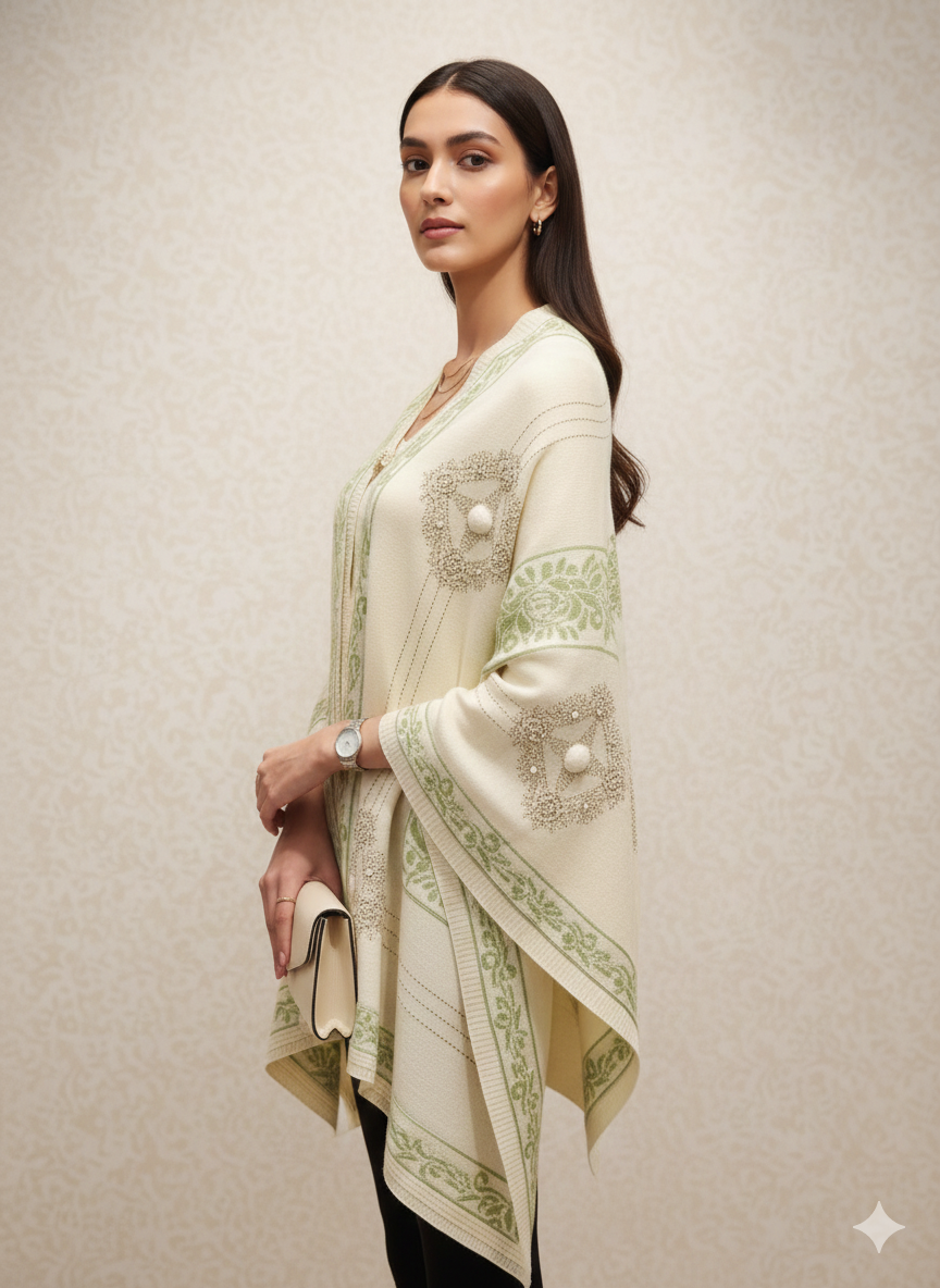 Off-White & Sage Green Embroidered Winter Poncho