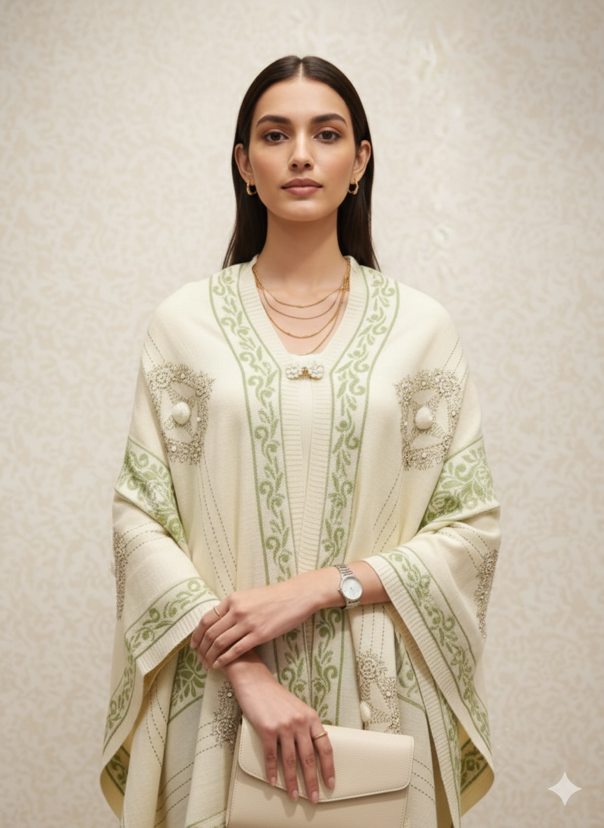 Off-White & Sage Green Embroidered Winter Poncho