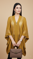 Chic Mustard Knit Poncho with Intricate Lattice Lace