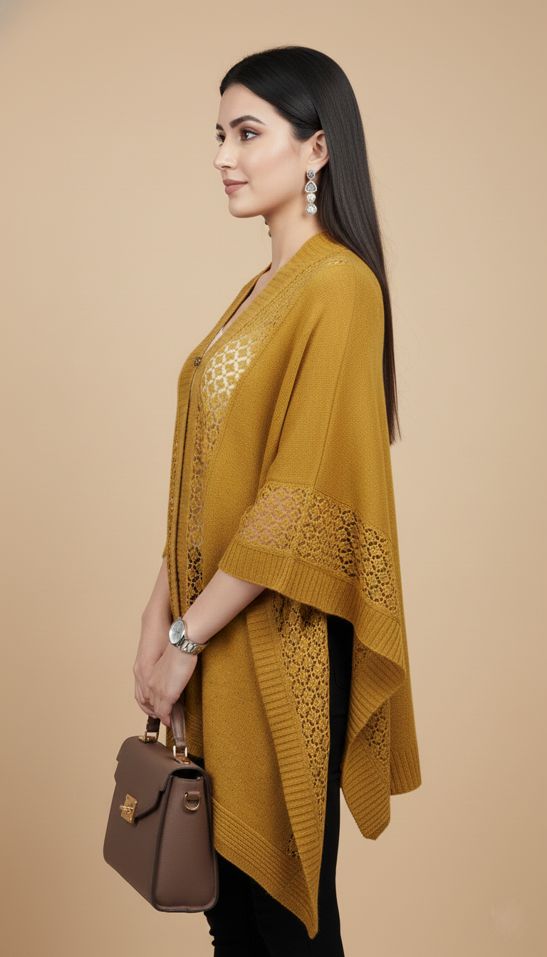 Chic Mustard Knit Poncho with Intricate Lattice Lace