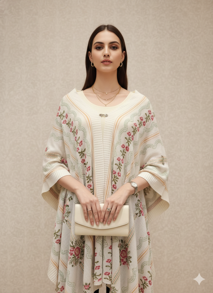 The Off-White/Pink & Green Floral Poncho