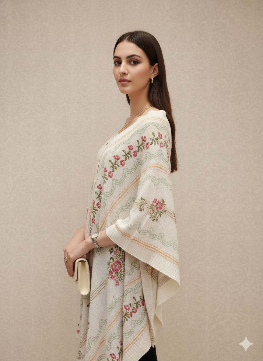 The Off-White/Pink & Green Floral Poncho