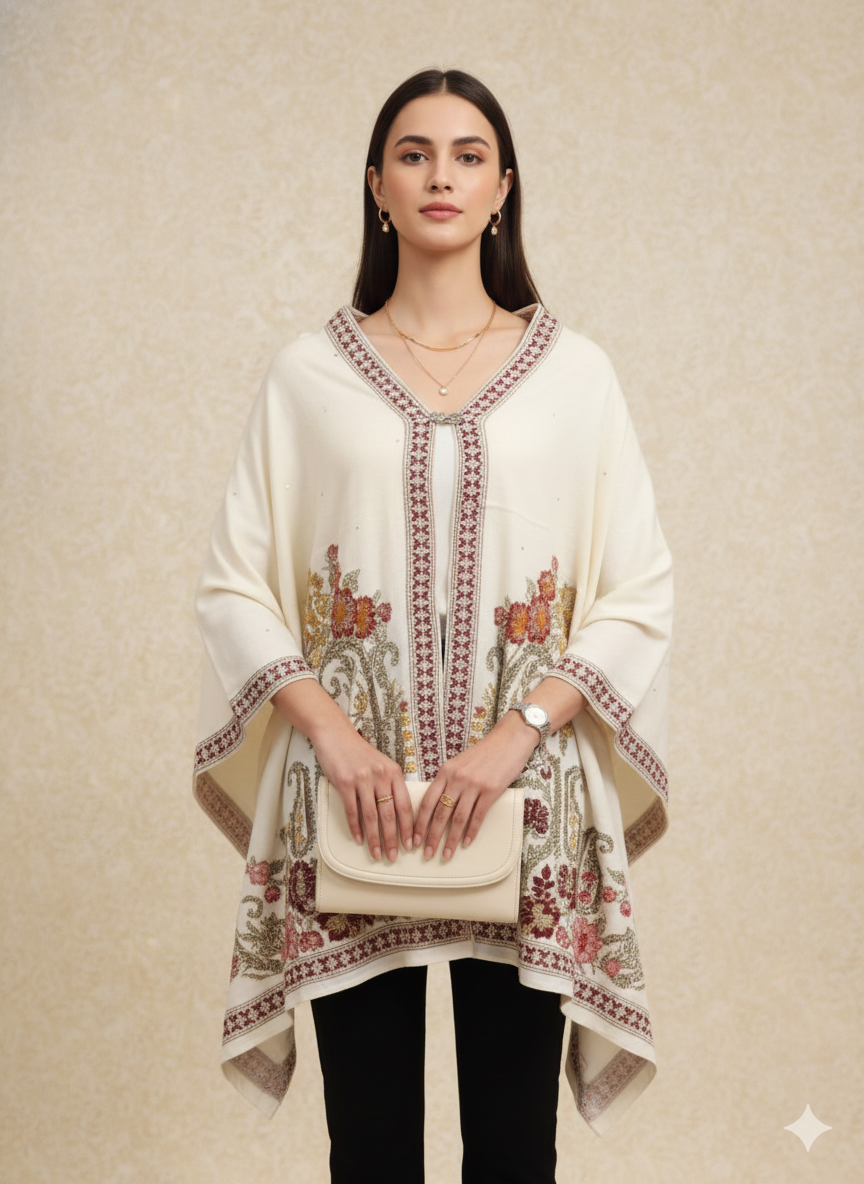 Off-White & Maroon Paisley Embroidered Winter Poncho
