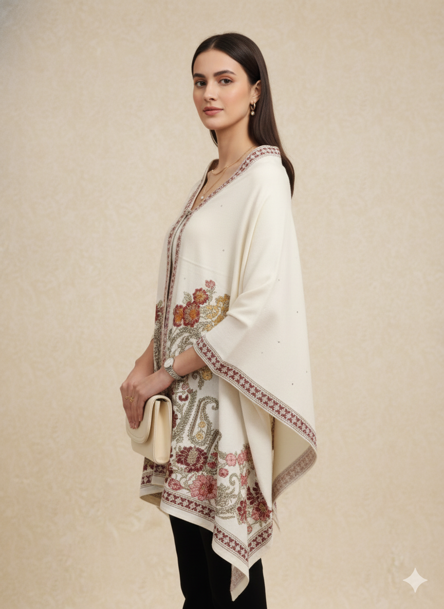 Off-White & Maroon Paisley Embroidered Winter Poncho