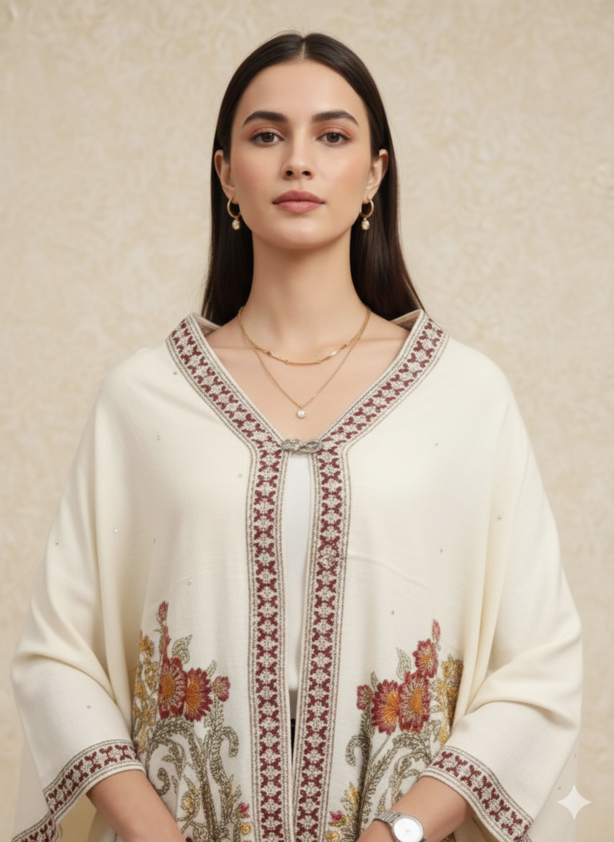 Off-White & Maroon Paisley Embroidered Winter Poncho