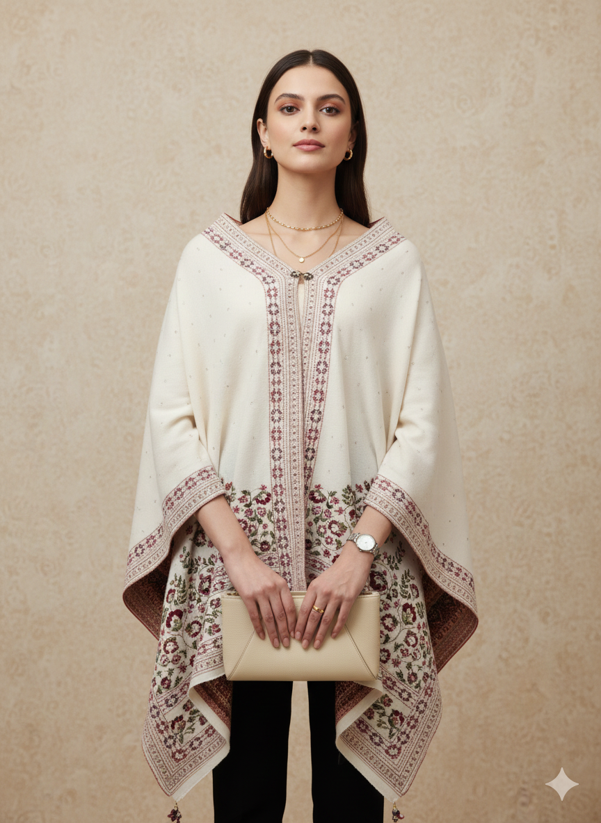 Off-White & Maroon Embroidered Border Winter Poncho
