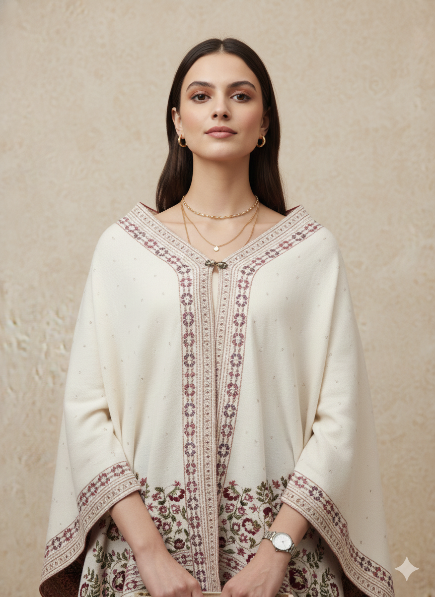 Off-White & Maroon Embroidered Border Winter Poncho