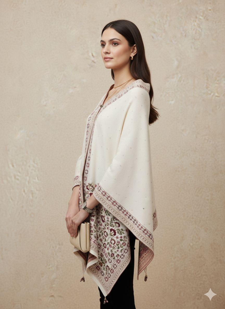 Off-White & Maroon Embroidered Border Winter Poncho